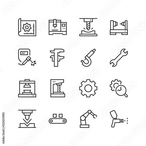 Mechanical Engineering and Manufacturing, linear style icons set. CNC machines, welding, caliper, micrometer, gear, robotic arm, and quality control. Editable stroke width