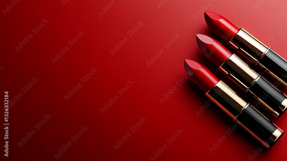 Obraz premium Red Lipstick Tubes on Deep Crimson Background: A 3D Render AI Generated