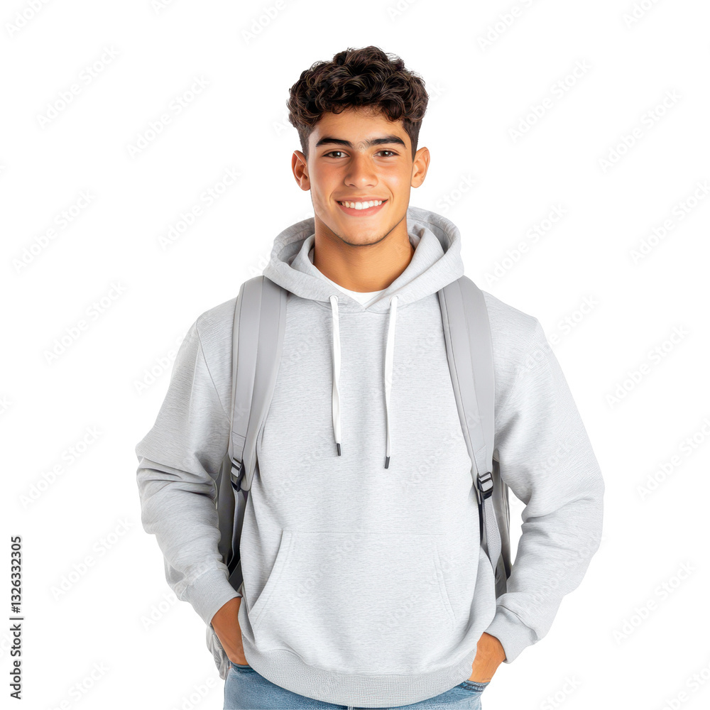 Smiling Student Portrait: A young, confident student stands with a backpack, showcasing a warm smile. The portrait captures the essence of education and youthful optimism. Smiling Student Portrait: A young, confident student stands with a backpack, showcasing a warm smile. The portrait captures the essence of education and youthful optimism.