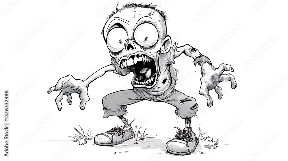 Fototapeta premium Groovy Cartoon Zombie Illustration: A Monochrome Hand-Drawn Design AI Generated