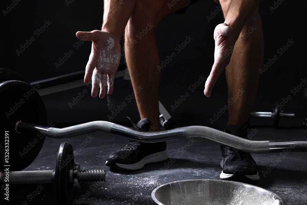 Obraz premium Man applying talcum powder onto his hands before training with barbell on black background, closeup