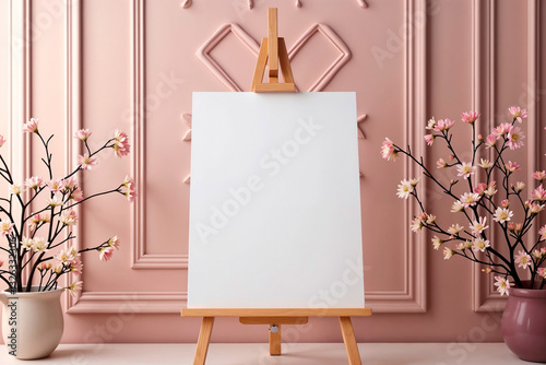Empty easel with blank white canvas against a pink wall and floral decor, copy space