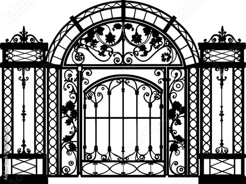 SVG vector features specialized gate designs, including wrought iron gates and gate pillar combinations.Artistic Black Iron Garden Gate with Decorative Flourishes