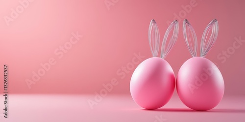 Pink Easter eggs with bunny ears on a soft pink background for a festive spring celebration