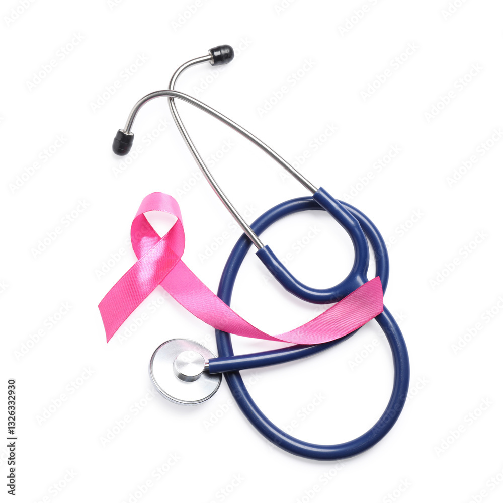 Breast cancer awareness. Pink ribbon and stethoscope isolated on white, top view Breast cancer awareness. Pink ribbon and stethoscope isolated on white, top view