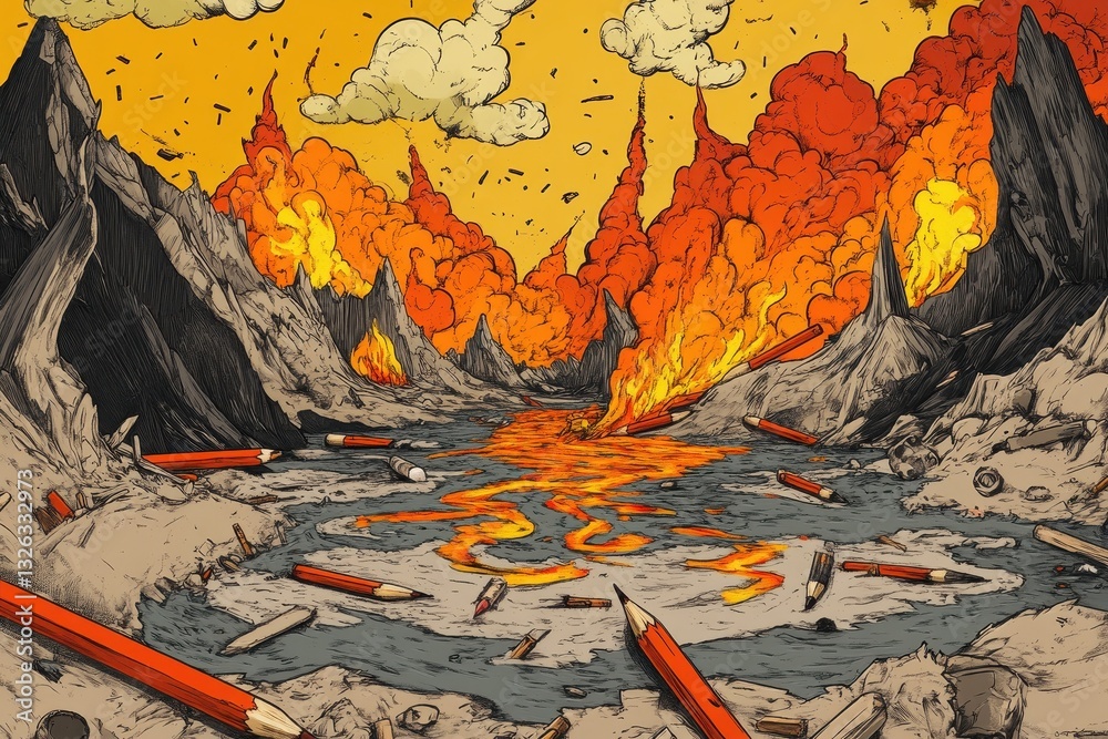 Naklejka premium A landscape depicting pencils amidst fire and rocky terrain