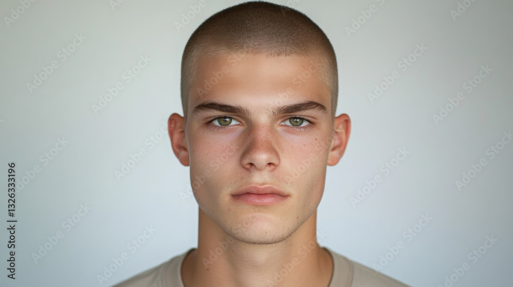 Fototapeta premium A man with a shaved head and a green eye