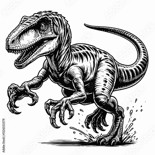 Running Velociraptor Dinosaur with splash water, side view