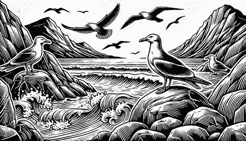 Seagulls on rocky coast with waves and mountain landscape monochrome