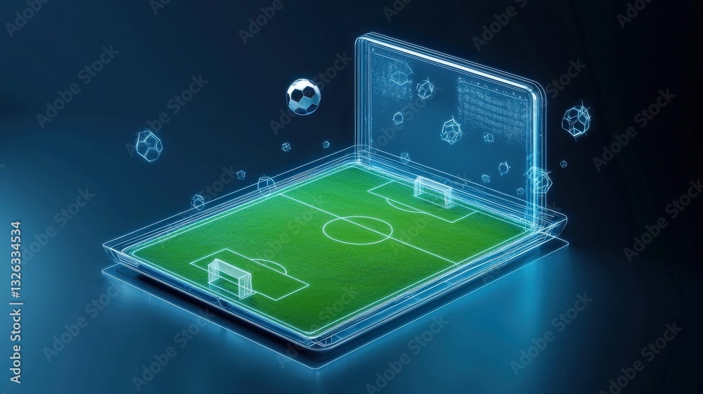 Fototapeta premium A holographic soccer field projected from a futuristic device