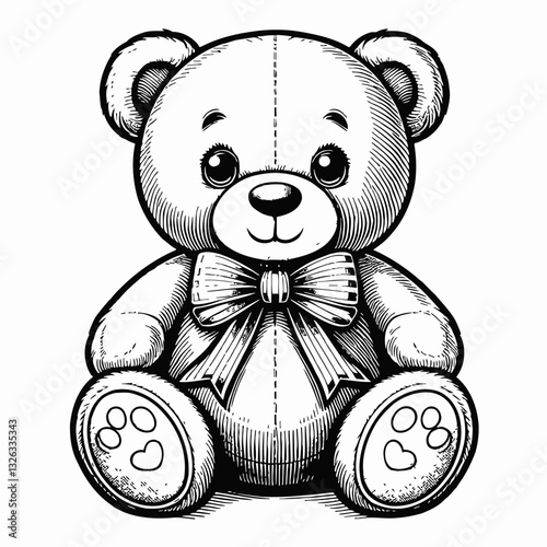 Cute Teddy Bear with Bow Tie Sitting Still and Smiling in Monochrome