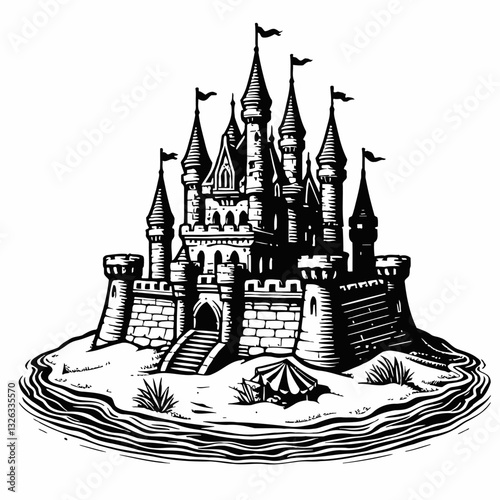 Fantasy Castle on Island with Flags, Tower and Staircase