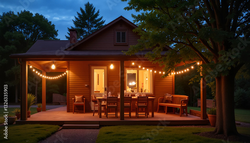 Cozy summer cottage with glowing string lights on a wooden porch at dusk