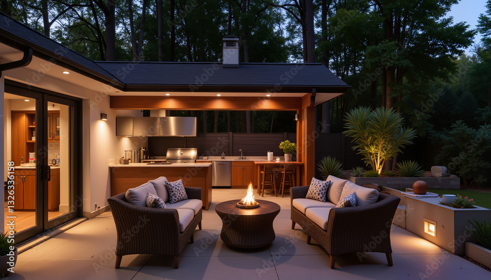 Fototapeta premium Modern outdoor patio with fire pit, seating area, and kitchen in evening ambiance