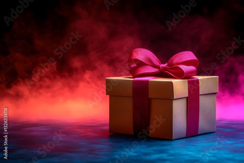 Festive Gift Box with Red Ribbon on Colorful Background for Celebration Themes