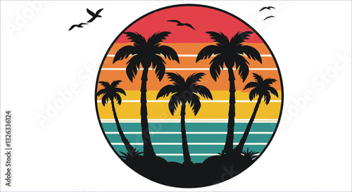 Tropical beach palm trees silhouette with retro sunset stripes vector. Retro tropical sunset beach scene with palm trees and birds vector. Retro sunset palm trees silhouette with flying birds vector