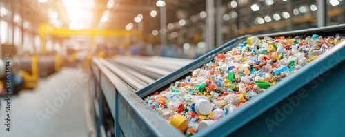 Wallpaper Mural Recycling facility with colorful plastic waste on a conveyor belt, illuminated by sunlight. Torontodigital.ca