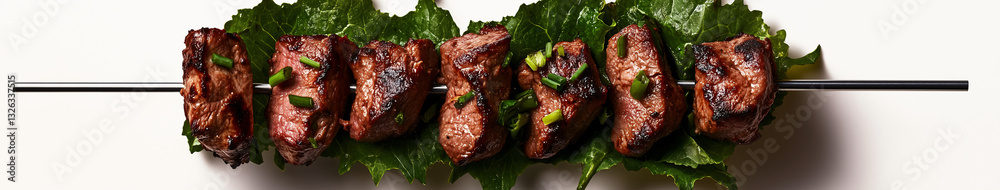 Savory Skewers: A delectable skewer of perfectly grilled meat, showcasing rich textures and mouthwatering details, placed on fresh greens. Savory Skewers: A delectable skewer of perfectly grilled meat, showcasing rich textures and mouthwatering details, placed on fresh greens.