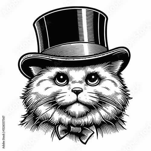 Elegant cat wearing a hat and bow tie