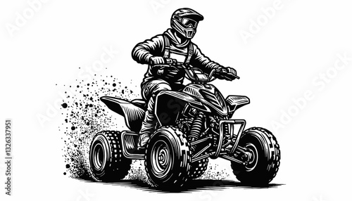 Quad bike with rider wearing helmet and goggles splashes through dirt road