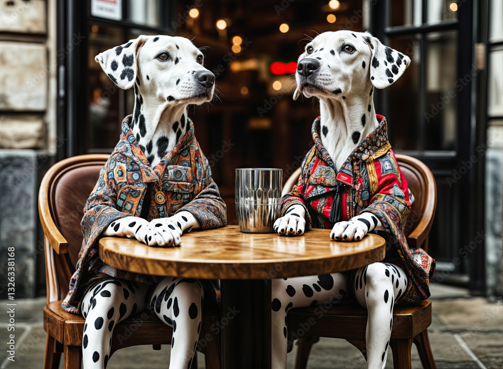 Two Dalmatians in stylish attire, seated at a cafe table, enjoying a moment.