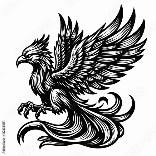 Majestic Phoenix Spreading Wings Illustration with Decorative Tail Feathers