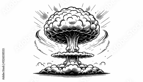 Atomic Mushroom Cloud Aftermath Illustration with Rays and Smoke, danger and warning