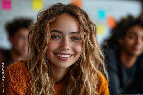 Wallpaper Mural Young woman in a classroom exudes joy while engaging with peers and sharing ideas Torontodigital.ca
