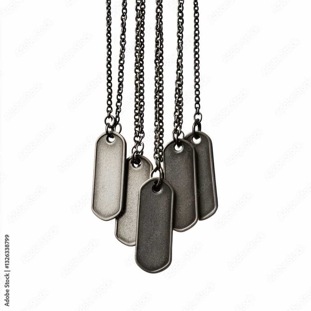 Fototapeta premium Minimalist Metal Dog Tag Necklaces Hanging on Chains Isolated on White Background