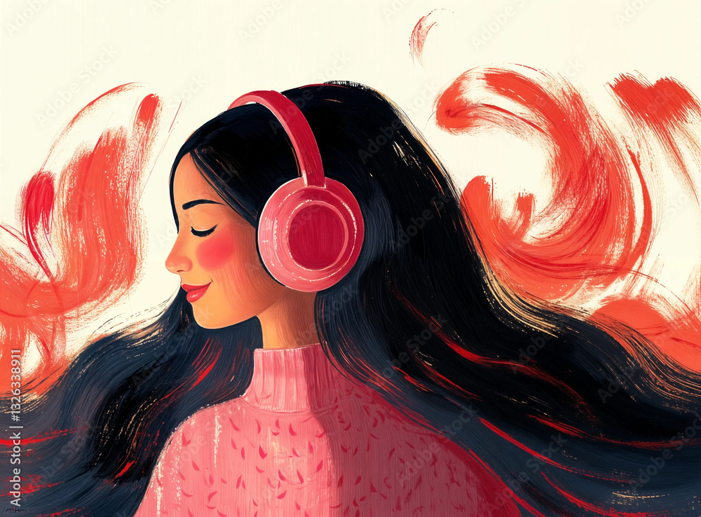 A young woman with long, dark hair, wearing pink headphones, appears to be lost in a world of music.