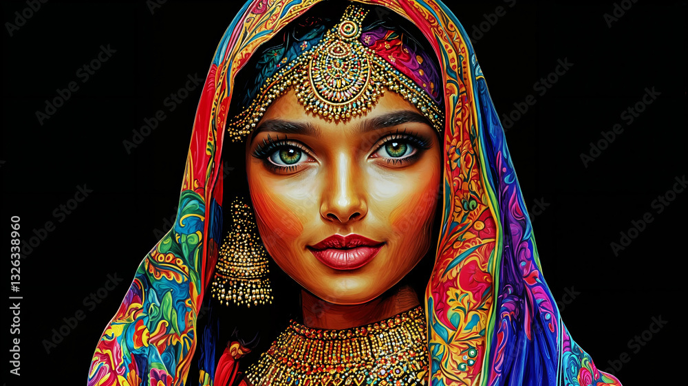 A woman adorned in vibrant, colorful traditional attire, showcasing intricate patterns and gold jewelry.