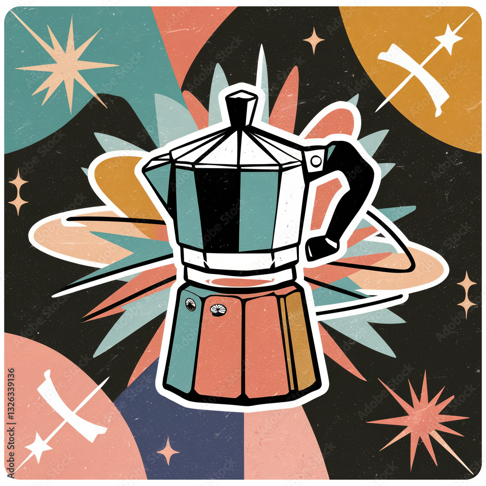 an artistic illustration of a stovetop espresso maker against a vibrant, abstract background with colorful shapes and stars.