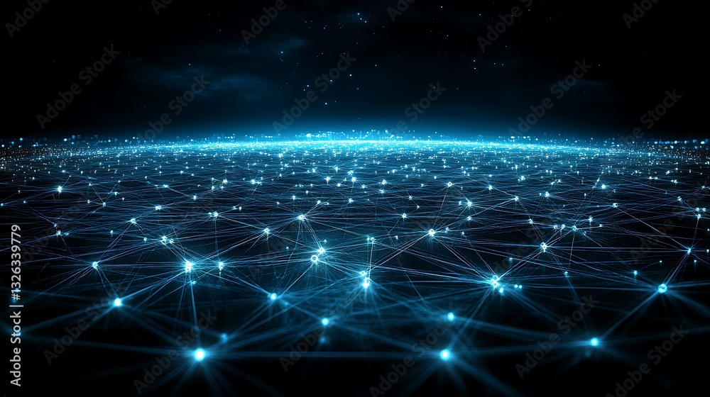 Fototapeta premium Futuristic network connections and data streams across a digital landscape