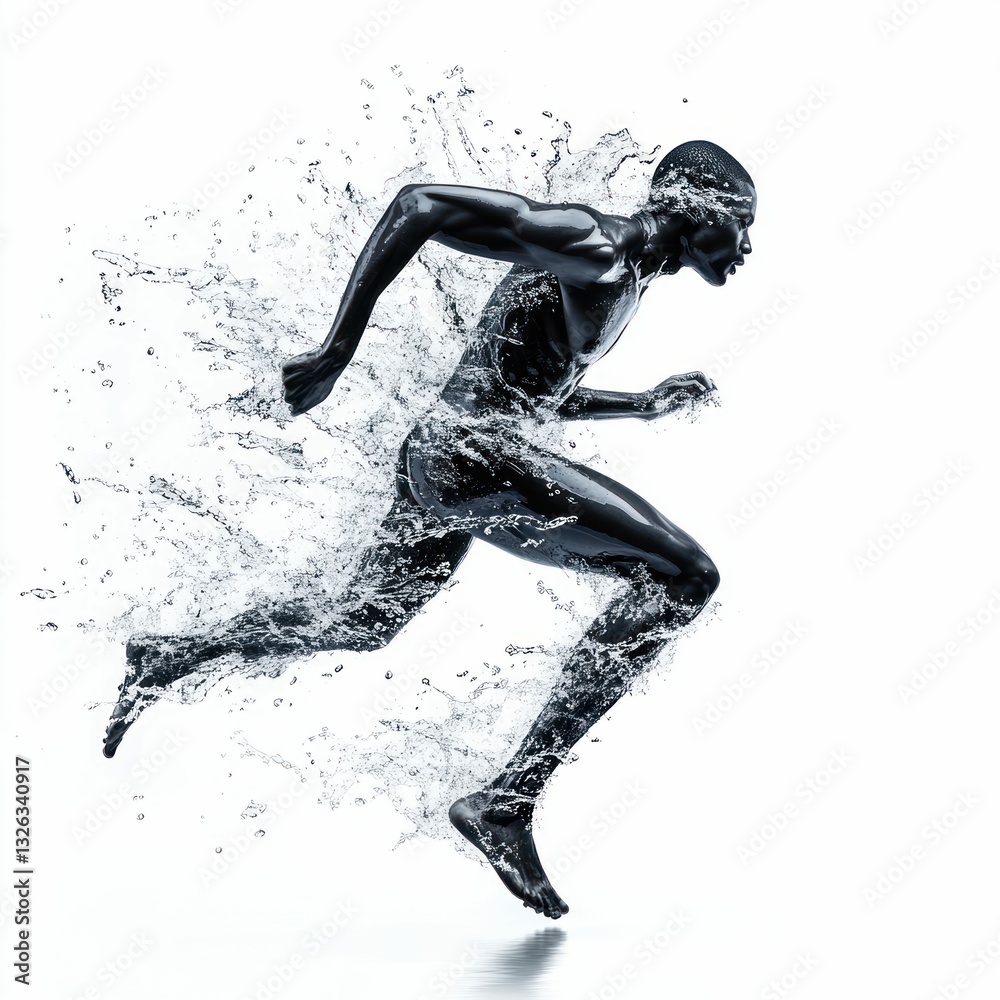 Naklejka premium Sprinter in Motion Composed of Dynamic Water Droplets Isolated on White