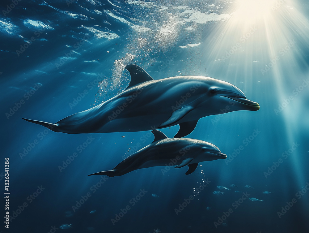 Fototapeta premium heartwarming underwater shot of mother dolphin swimming with her calf, showcasing their bond in serene ocean environment. sunlight filters through water, creating magical atmosphere