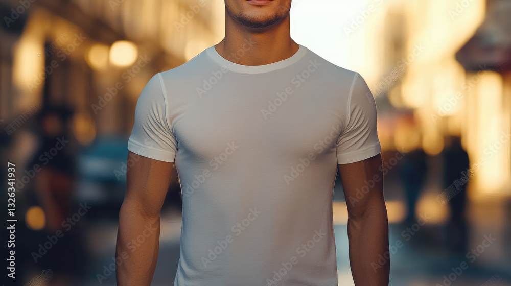 A fashionable man dressed in a fitted white t-shirt stands confidently in a bustling urban setting, exuding a modern and chic vibe. A fashionable man dressed in a fitted white t-shirt stands confidently in a bustling urban setting, exuding a modern and chic vibe.