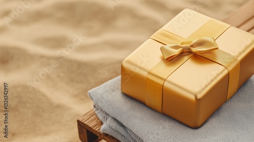 Golden Gift Box on Sandy Beach with Gray Towel
