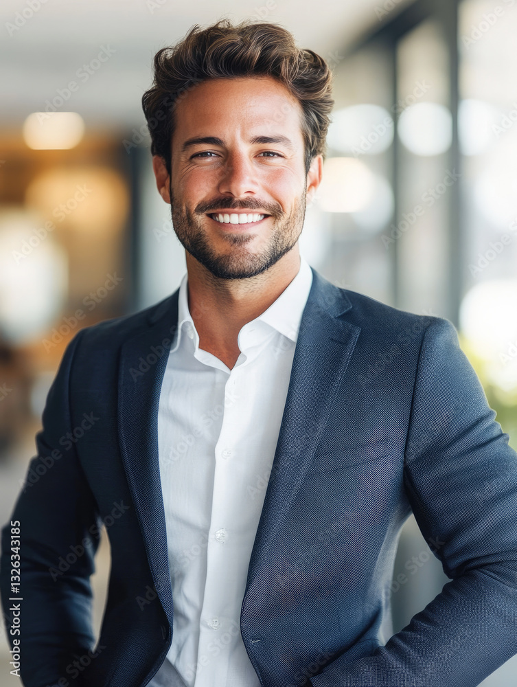 A smiling businessman dressed in a tailored suit, radiating confidence and professionalism in a modern office setting that inspires trust. A smiling businessman dressed in a tailored suit, radiating confidence and professionalism in a modern office setting that inspires trust.