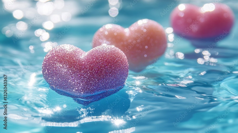 Fototapeta premium Three hearts are floating in the water, with one pink and two purple
