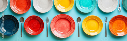 Colorful plates arranged on blue background with silver cutlery