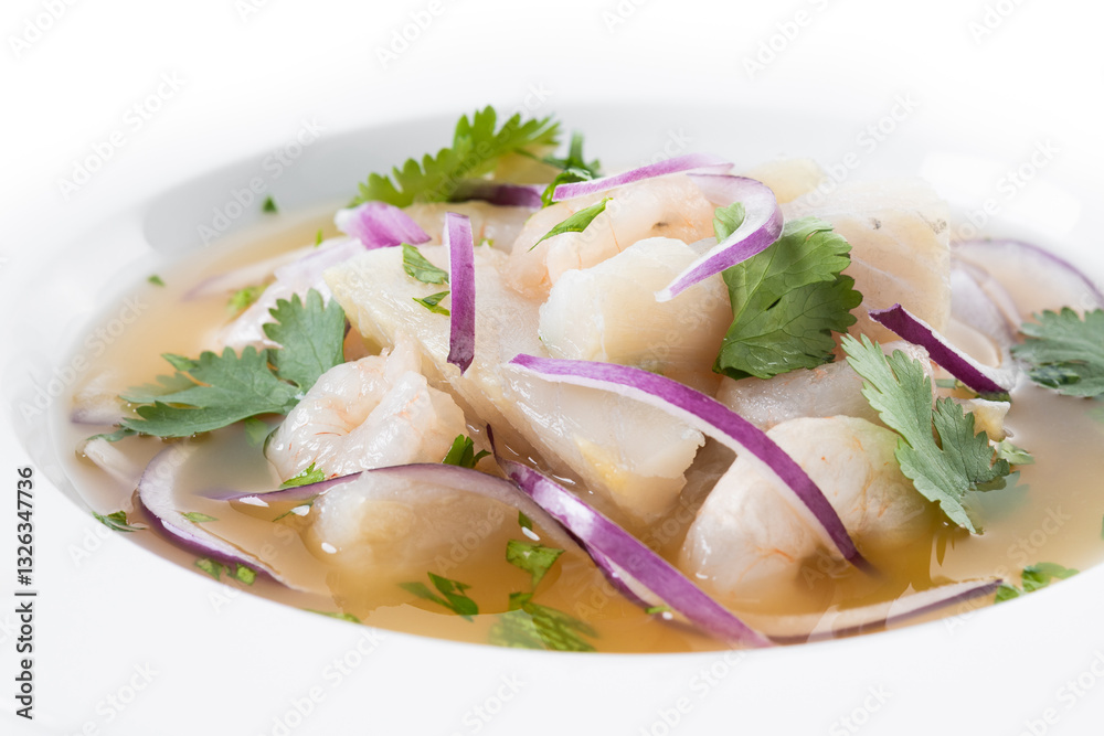 Traditional Peruvian ceviche sea bass fillet isolated on white background. Close up Traditional Peruvian ceviche sea bass fillet isolated on white background. Close up