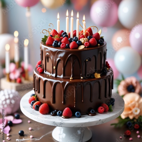 Luxuriöse zweistöckige Schokoladentorte mit Beeren, Goldakzenten und Schokoladenganache.
