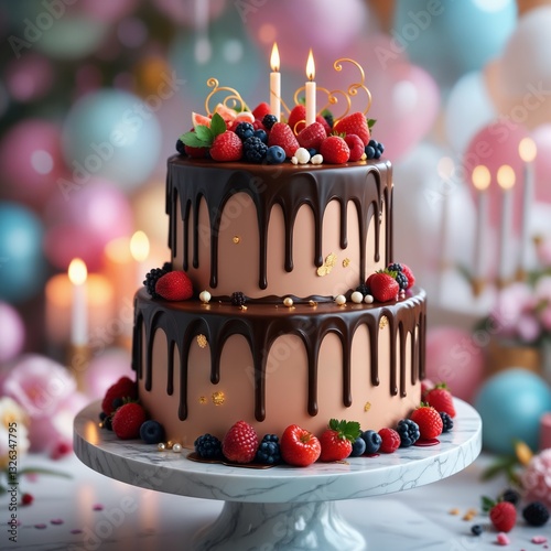 Luxuriöse zweistöckige Schokoladentorte mit Beeren, Goldakzenten und Schokoladenganache.
