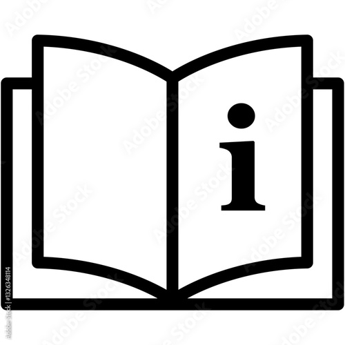 Open book black icon, one page displaying prominent information symbol with isolated background. Design symbolizes knowledge, guidance and access to data, often used in instructions.
