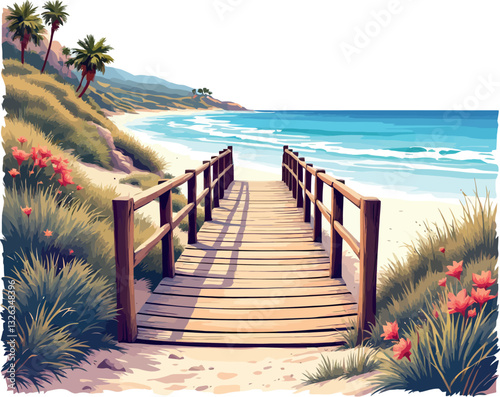 Wooden boardwalk leading to beautiful sandy beach with turquoise water and palm trees