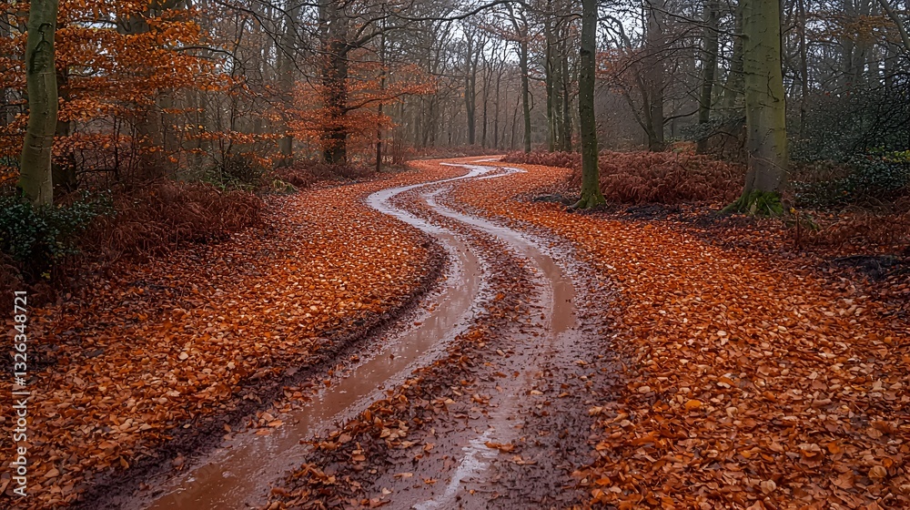 Obraz premium Winding forest road in autumn, covered in mud and fallen leaves, serene, suitable for nature, travel, or tourism brochures