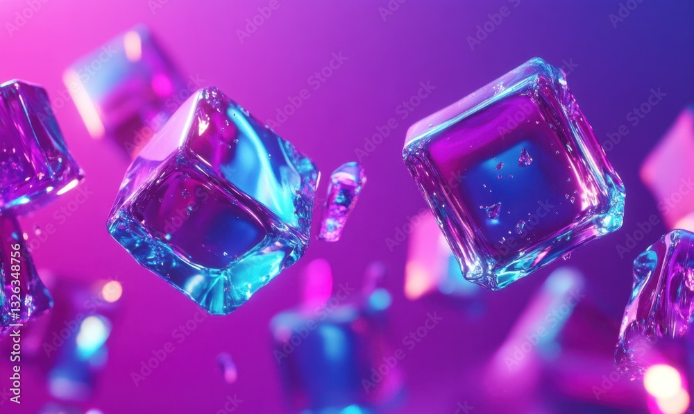 Floating ice cubes on vibrant neon background, ideal for abstract visuals Floating ice cubes on vibrant neon background, ideal for abstract visuals