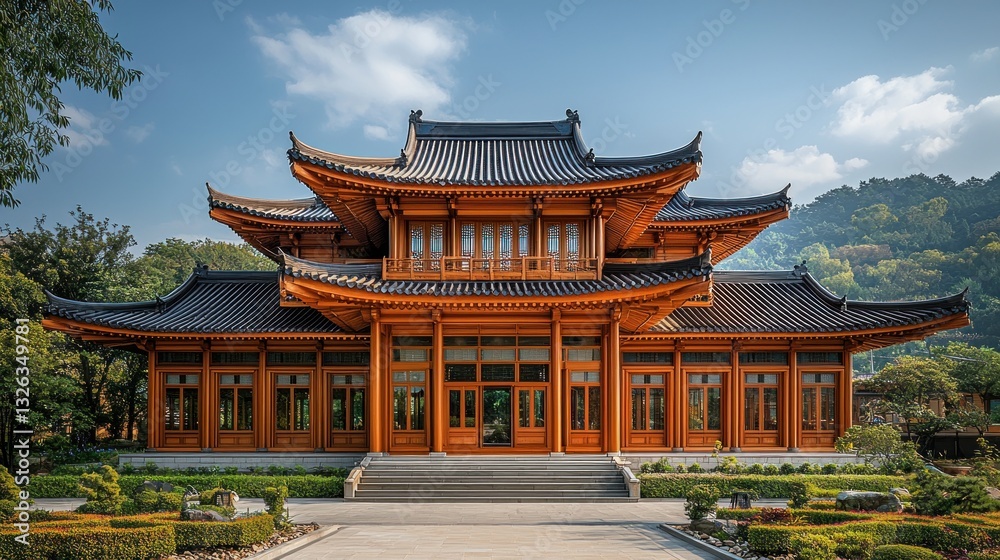 Traditional Asian wooden temple architecture with tiered roof, surrounded by manicured gardens under a clear sky. Traditional Asian wooden temple architecture with tiered roof, surrounded by manicured gardens under a clear sky.