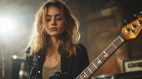 Young female bassist playing with eyes closed, immersed in music, illuminated by spotlight, capturing a moment of intense focus.