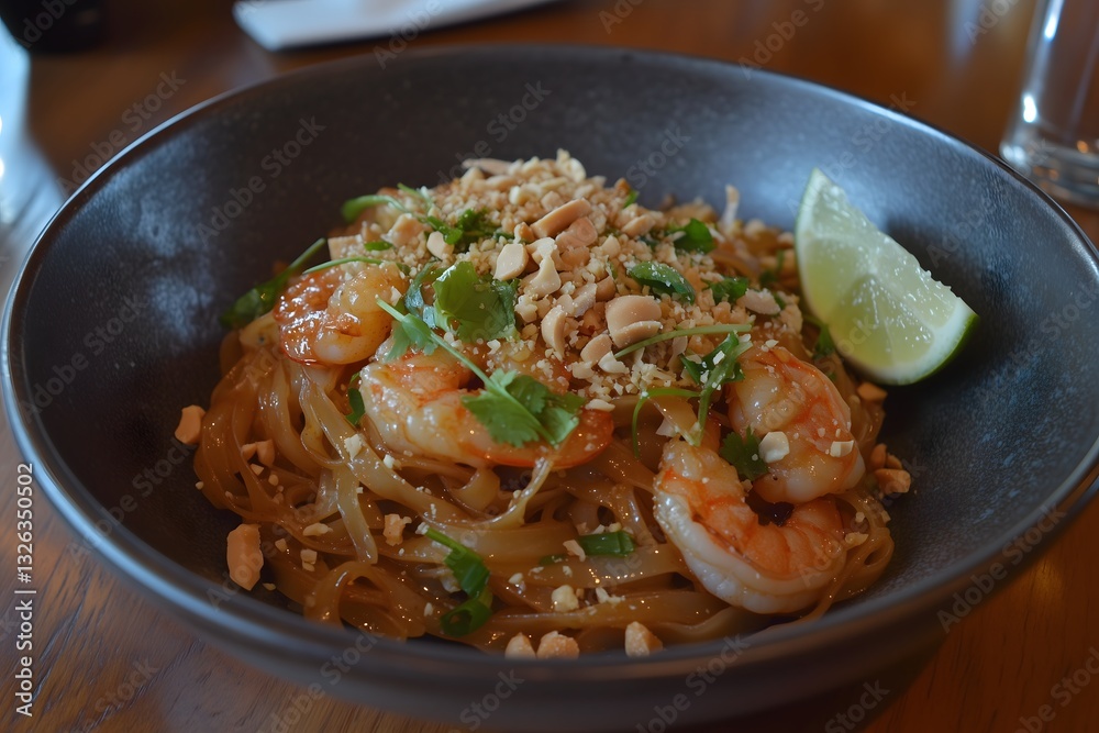 A bowl of traditional Pad thai with shrimp A bowl of traditional Pad thai with shrimp